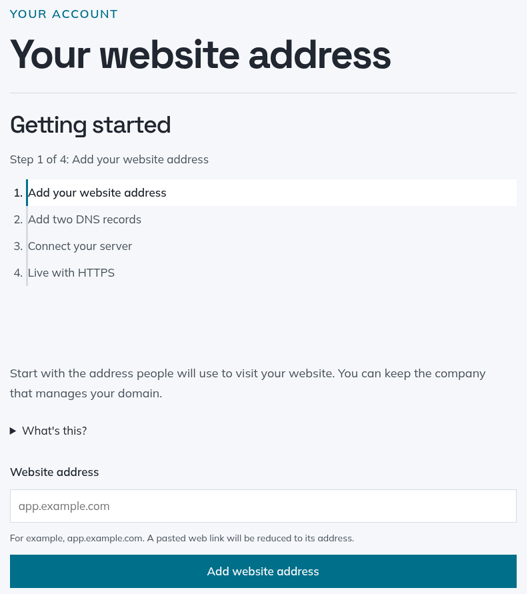 Website page with the website address field and Add website address button.