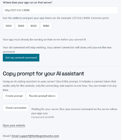 Server page showing the app address field, Get my connect command, and the Create prompt and Revoke prompt tokens buttons.