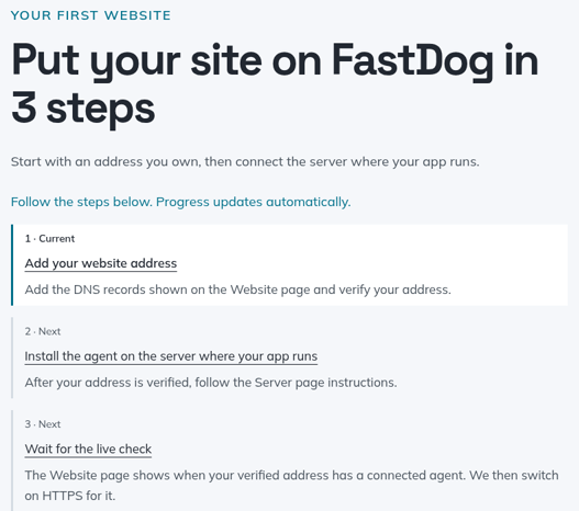 Portal Start page listing three steps: add your website address, install the agent, wait for the live check.